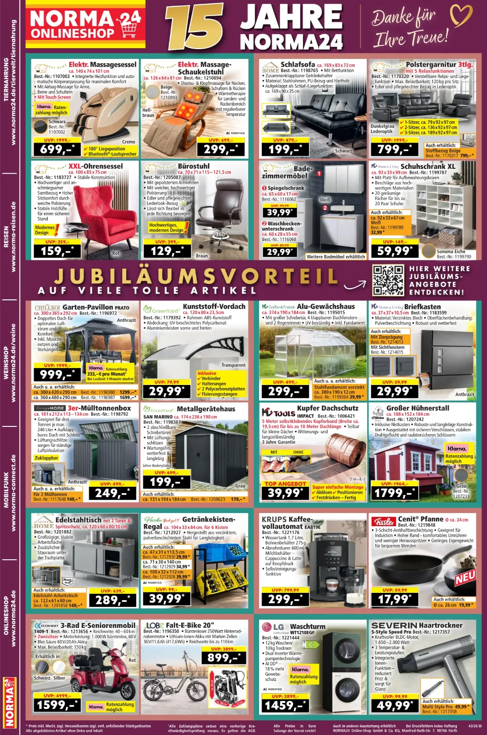Norma24 Prospekt KW 43 Seite 2 mit Elektr. Massagesessel, Schlafsofa, Garten-Pavillon, Falt-E-Bike & Krups Kaffeevollautomat
