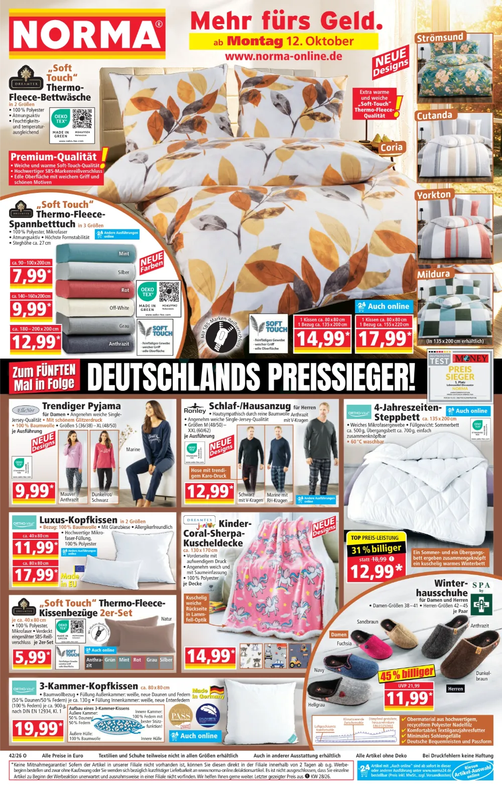 NORMA Prospekt ab 12.10.2026 Seite 1 mit Thermo-Fleece-Bettwäsche, Pyjama, Steppbett, Kopfkissen & Hausschuhen