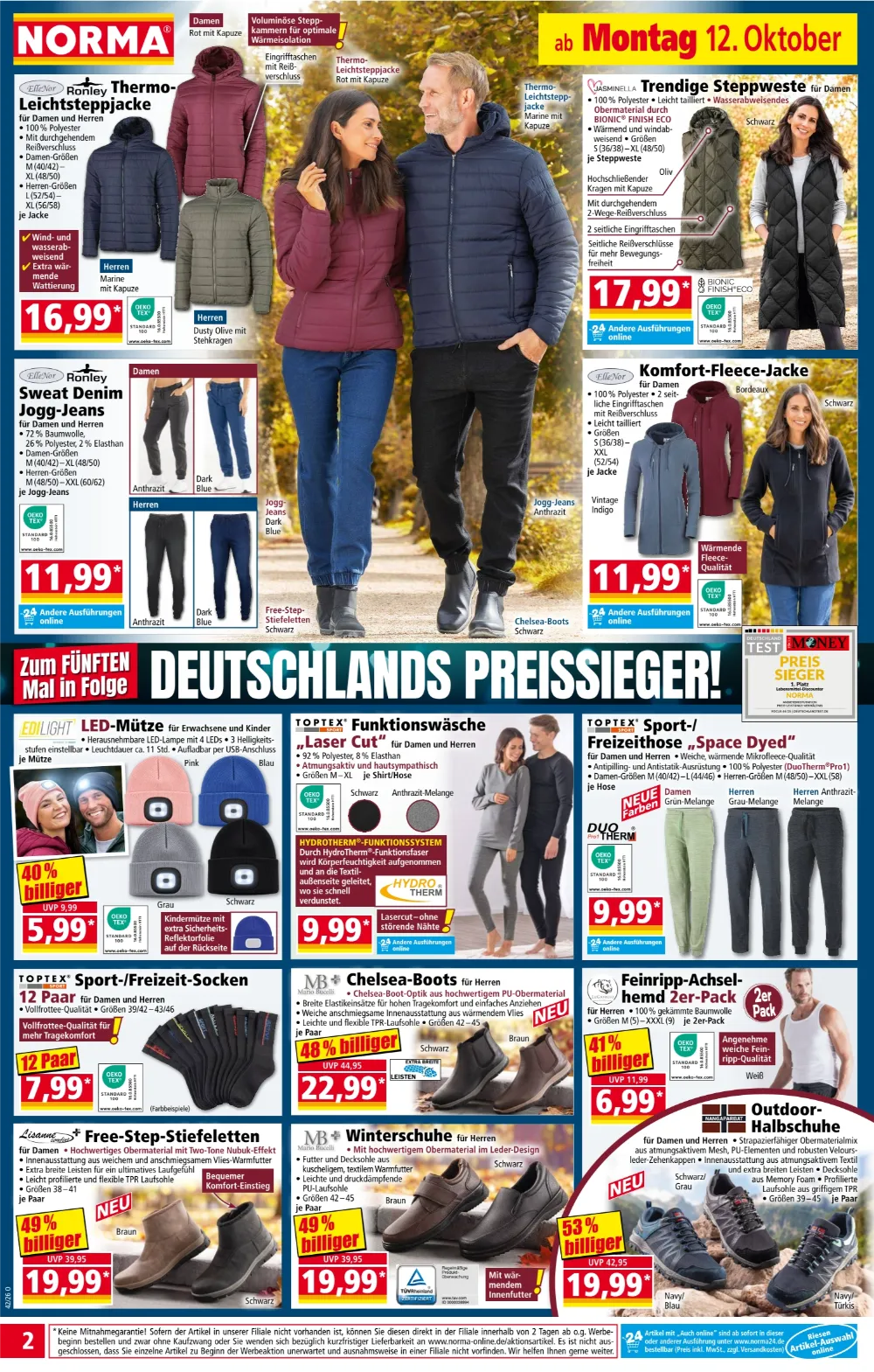 NORMA Prospekt KW 42 Seite 2 mit Thermo-Leichtsteppjacke, Steppweste, Jogg-Jeans, LED-Mütze, Boots & Winterschuhen