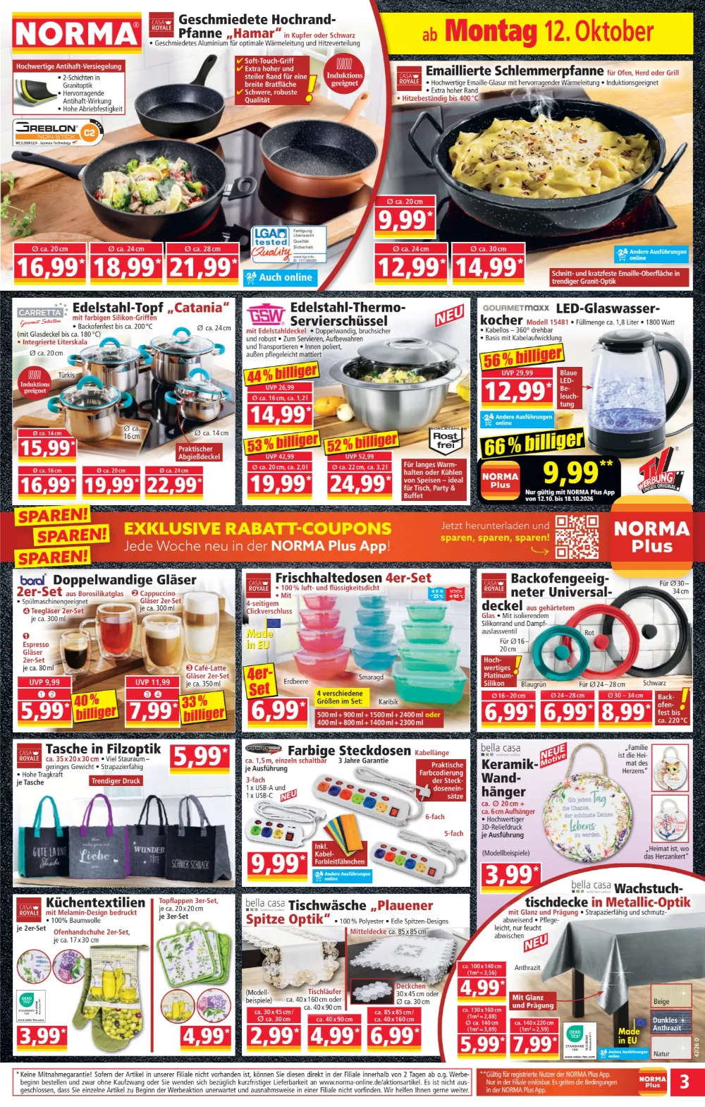 NORMA Prospekt KW 42 Seite 3 mit Hochrand-Pfanne, Schlemmerpfanne, Edelstahl-Topf, LED-Wasserkocher & Tischwäsche