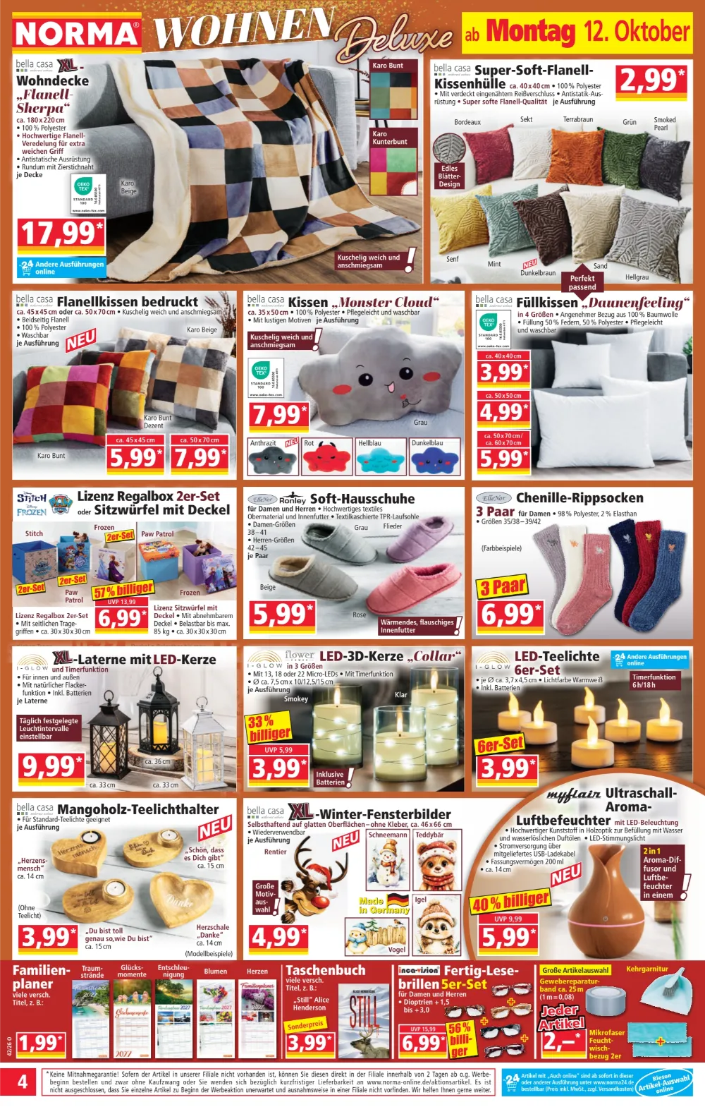 NORMA Prospekt KW 42 Seite 4 mit Flanell-Wohndecke, Kissenhülle, Sitzwürfel, LED-Kerzen & Aroma-Luftbefeuchter