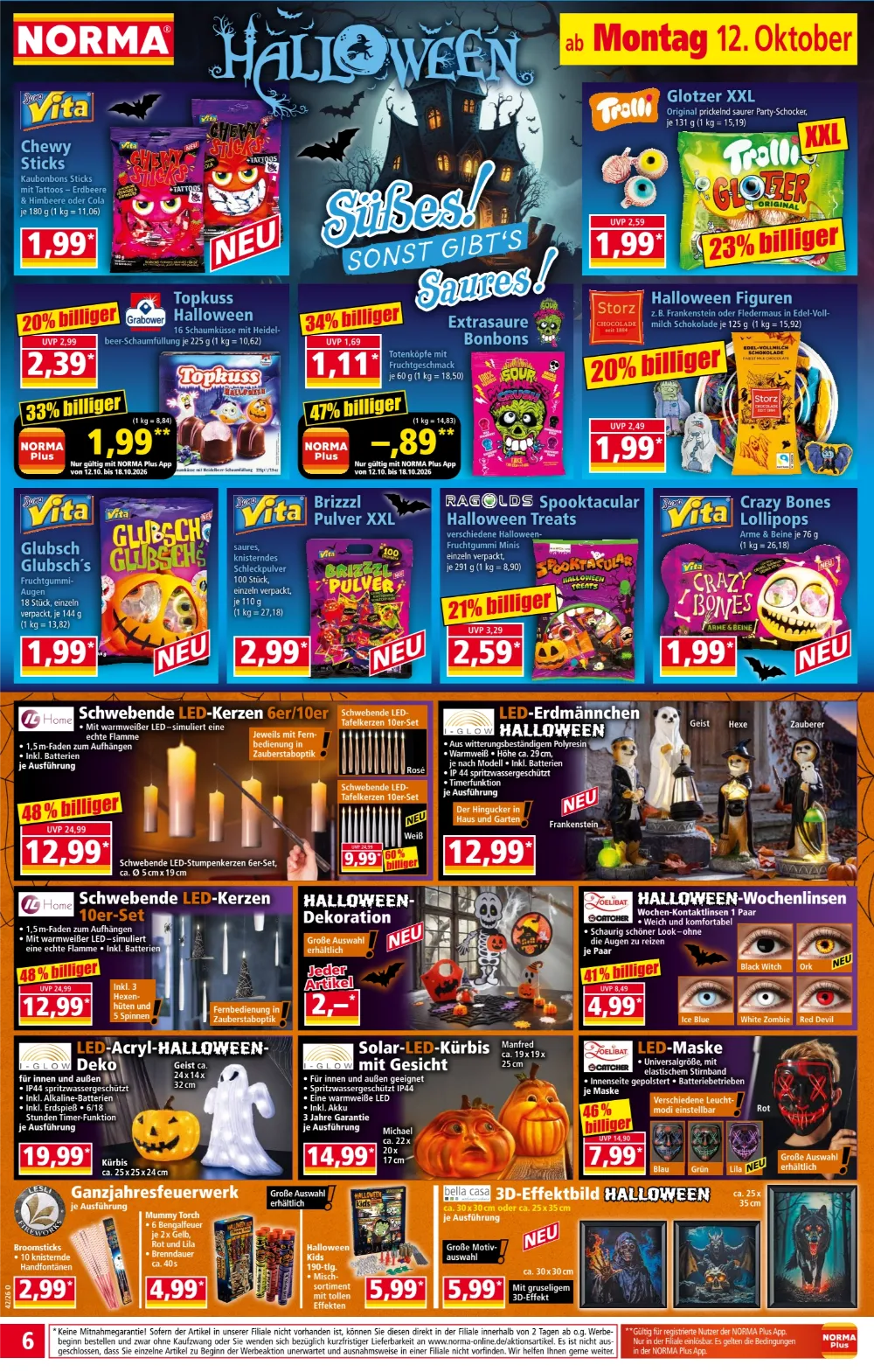 NORMA Prospekt KW 42 Seite 6 mit Halloween-Süßwaren, schwebenden LED-Kerzen, Halloween-Deko & LED-Masken