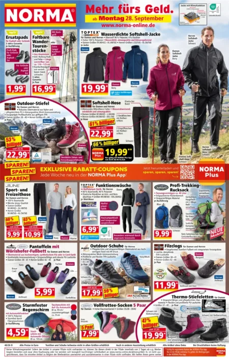 Norma Prospekt nächste Woche ab 28.09.2026 (KW 40) Norma Prospekt ab 28.09.2026 Seite 1 mit Softshell-Jacke, Softshell-Hose, Outdoor-Stiefeln und Trekking-Rucksack.