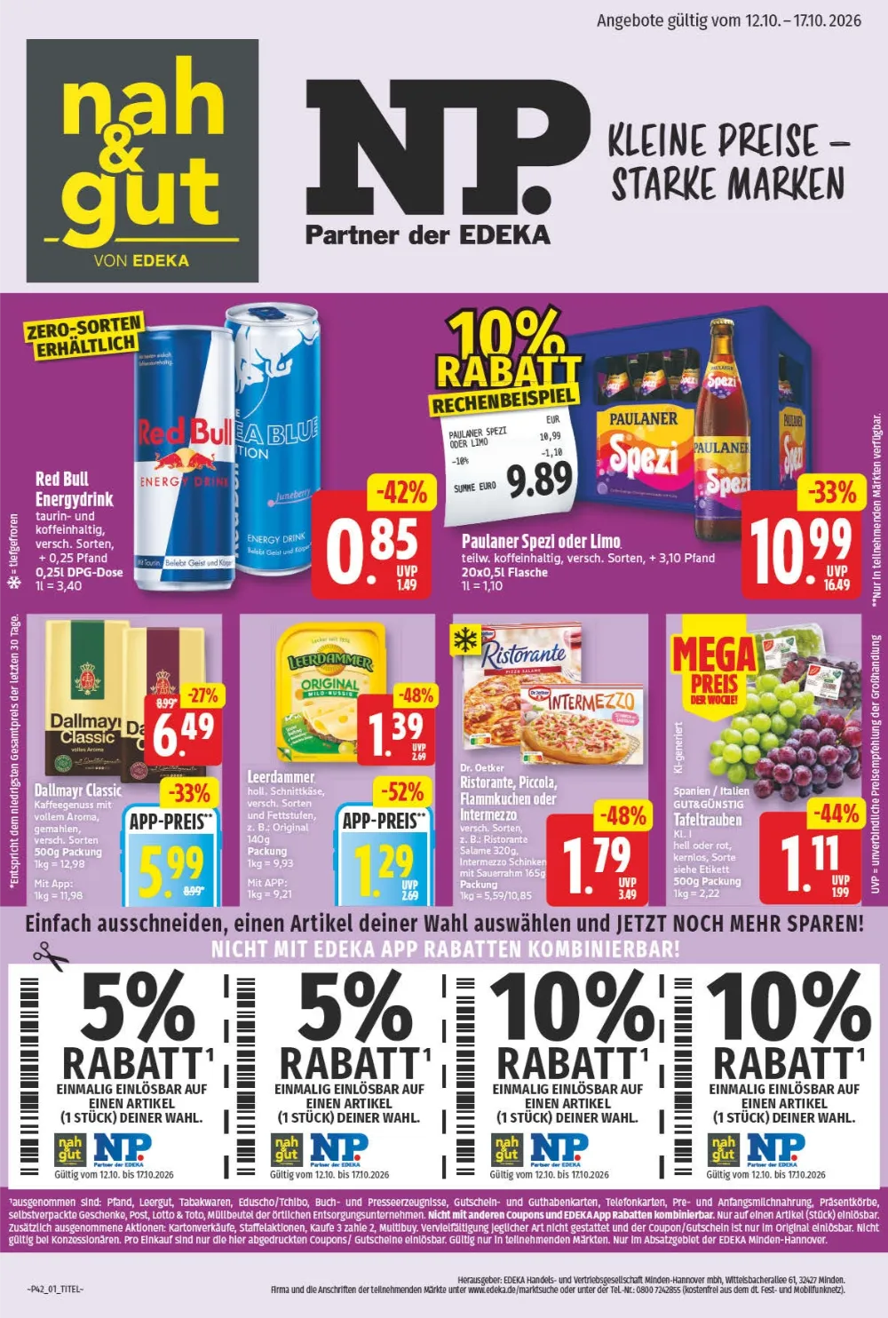 NP Angebote ab 12.10.2026 Seite 1 mit Angeboten für Red Bull, Paulaner Spezi, Dallmayr Classic, Leerdammer & Ristorante Pizza