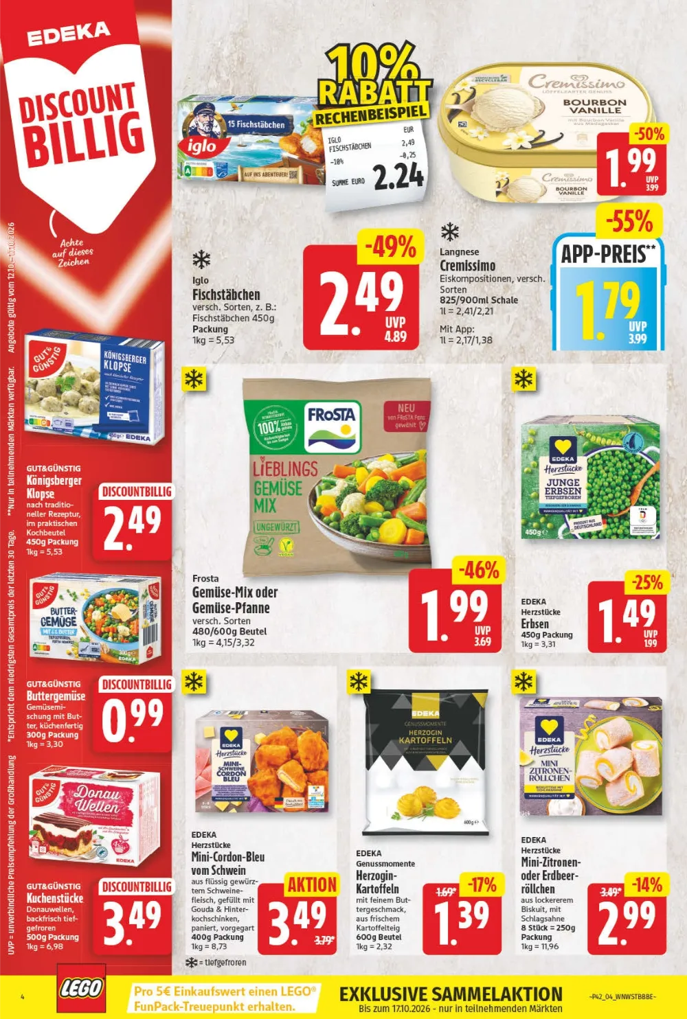 NP Angebote KW 42 Seite 4 mit Angeboten für Iglo Fischstäbchen, Cremissimo Eis, Frosta Gemüse-Mix & Herzogin-Kartoffeln