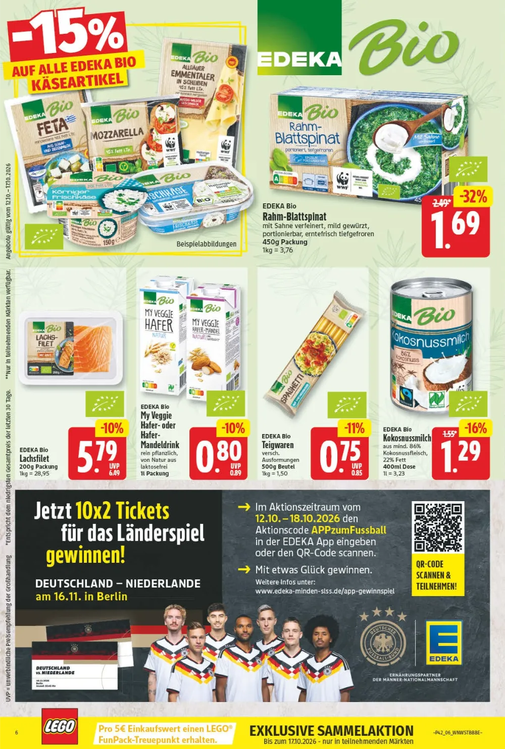 NP Angebote KW 42 Seite 6 mit Angeboten für Edeka Bio Käse, Rahm-Blattspinat, Lachsfilet, Haferdrink & Kokosnussmilch   