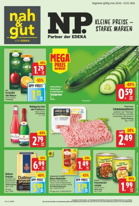 NP Prospekt ab 28.09.2026 (KW 40)(Nah&Gut) NP Angebote ab 28.09.2026 Seite 1 mit angeboten für Albi Fruchtsaft, Salatgurken, Rotkäppchen Sekt und Dallmayr Kaffee.