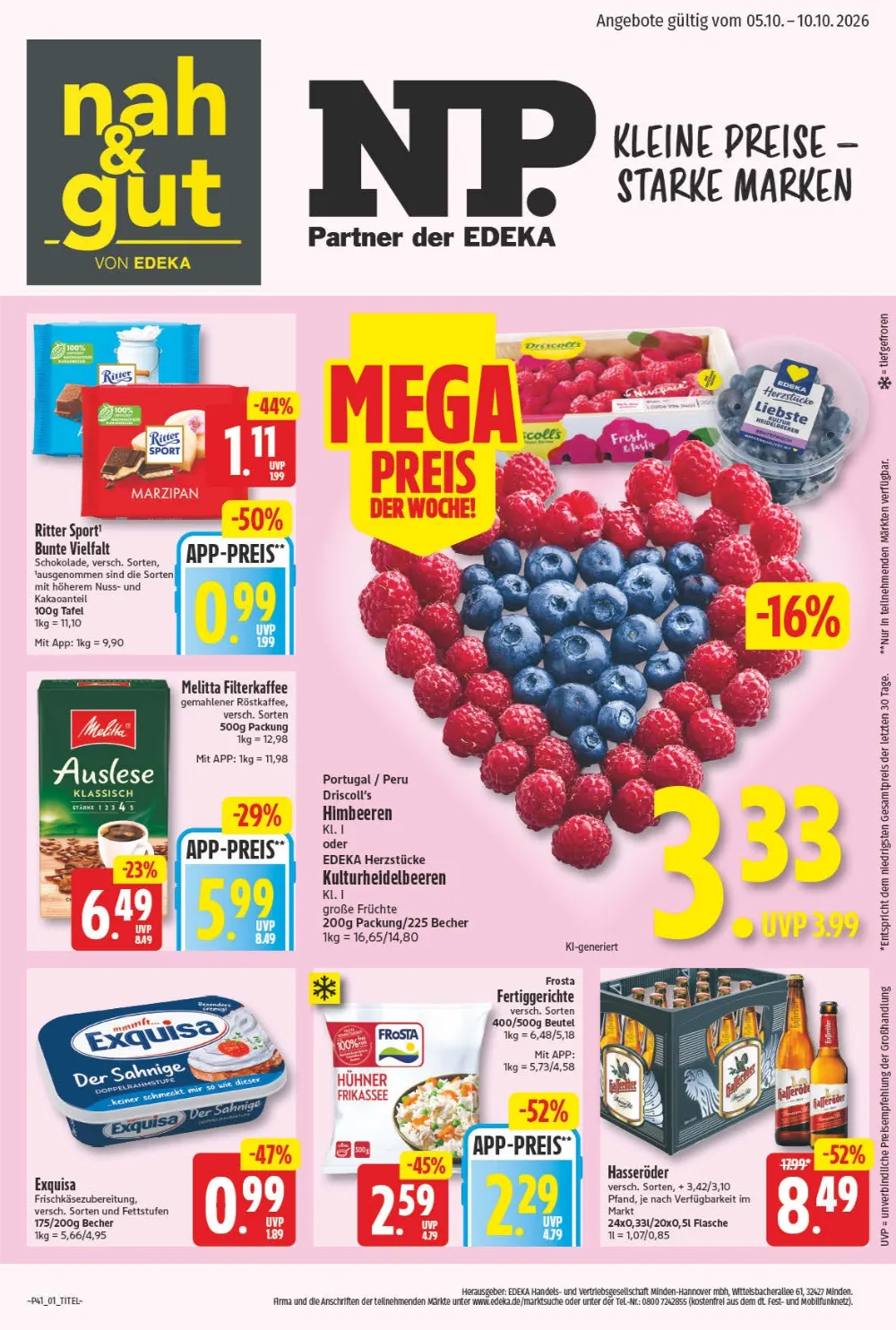 NP Prospekt ab 05.10.2026 Seite 1 mit Ritter Sport, Melitta Kaffee, Himbeeren, Exquisa, Frosta und Hasseröder.