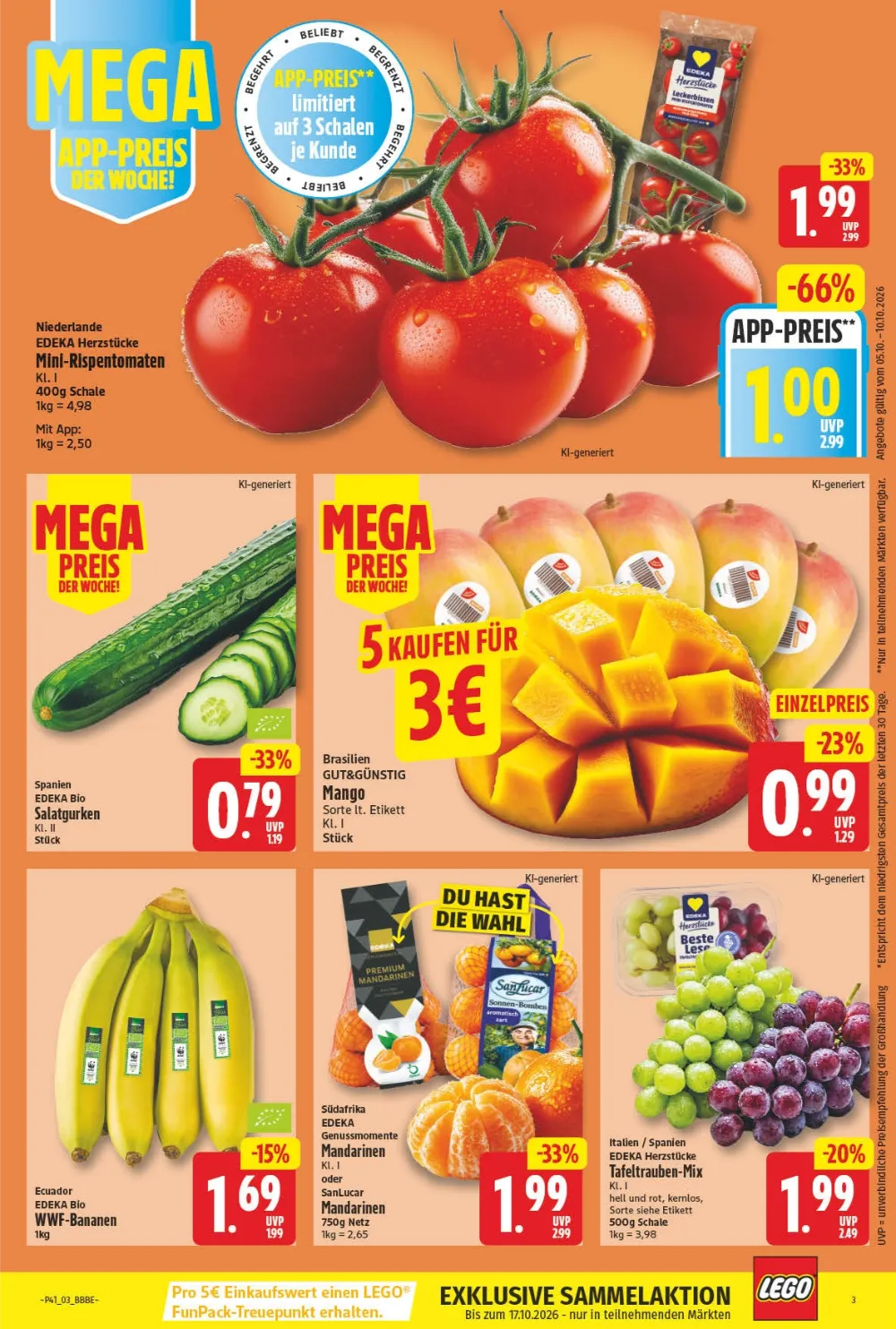 NP Prospekt KW41 Seite 3 mit Mini-Rispentomaten, Salatgurken, Mango, Bananen, Mandarinen und Tafeltrauben.