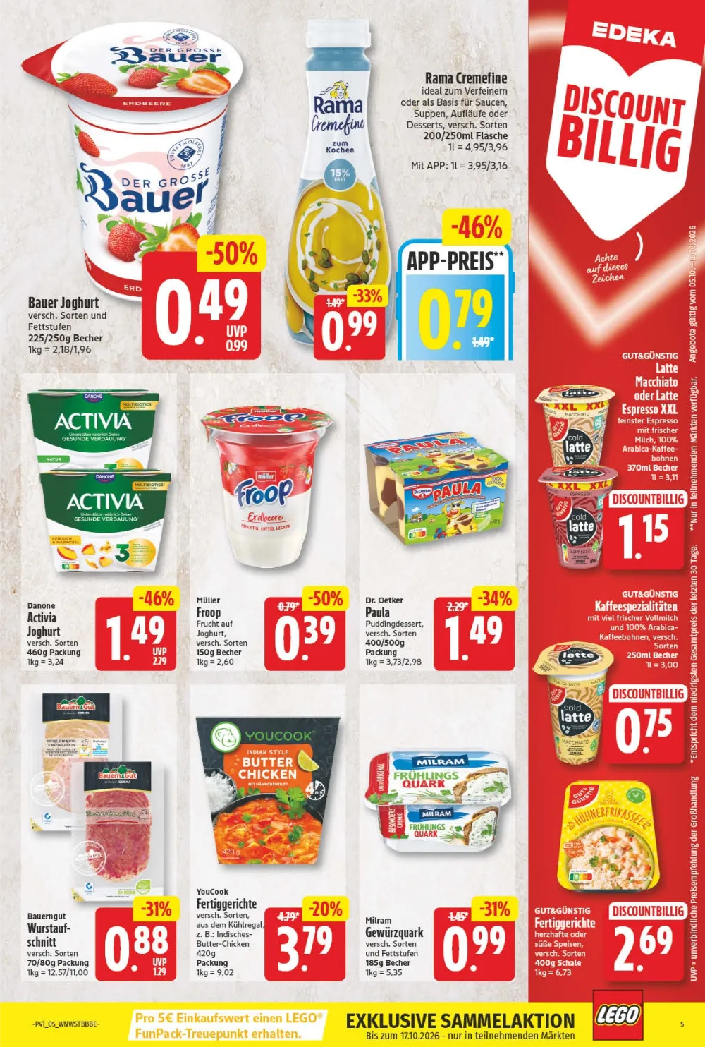 NP Prospekt KW41 Seite 5 mit Bauer Joghurt, Rama Cremefine, Activia, Müller Froop, Paula Pudding und YouCook.