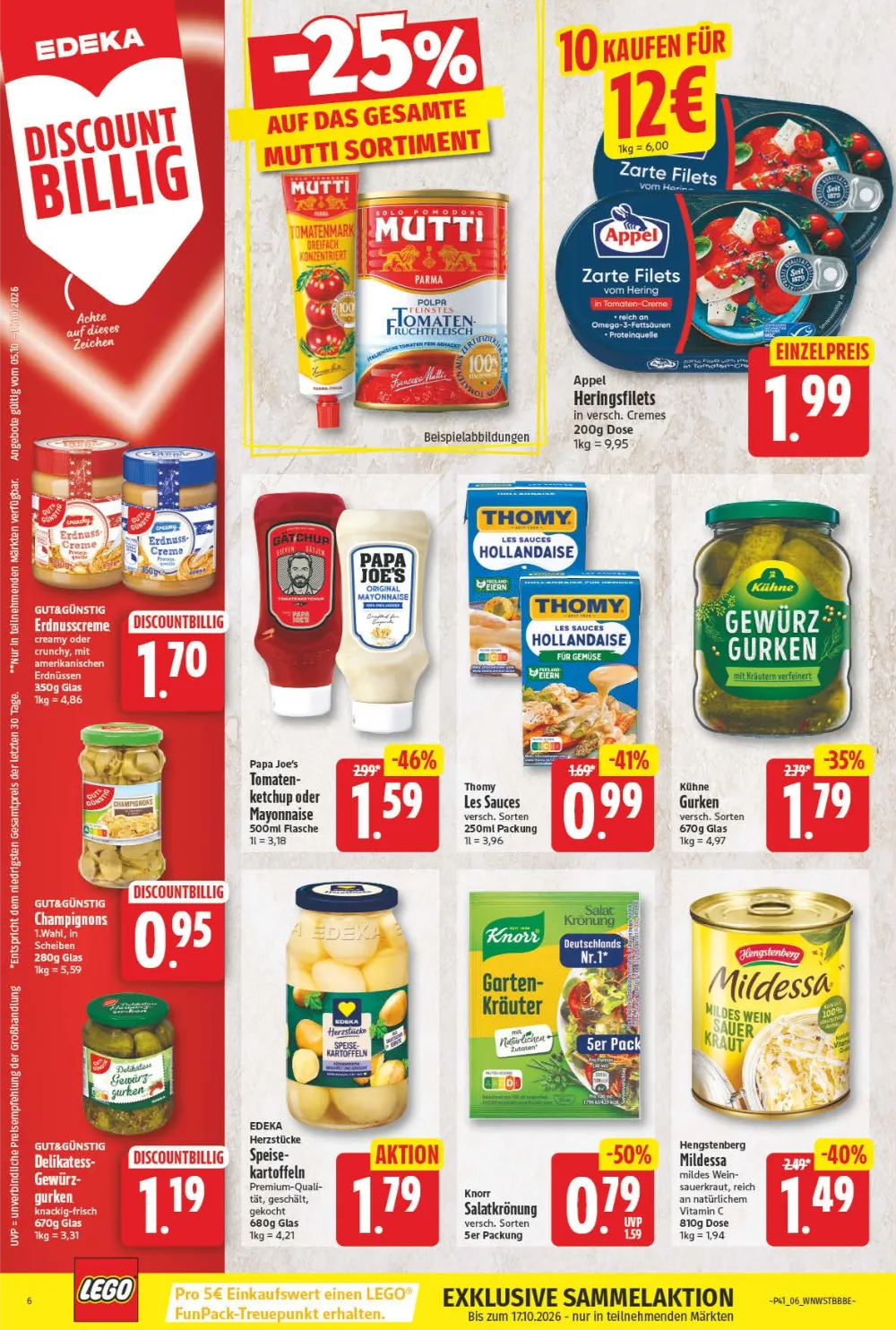 NP Prospekt KW41 Seite 6 mit Mutti Tomatenmark, Appel Heringsfilets, Erdnusscreme, Thomy Saucen und Gewürzgurken.