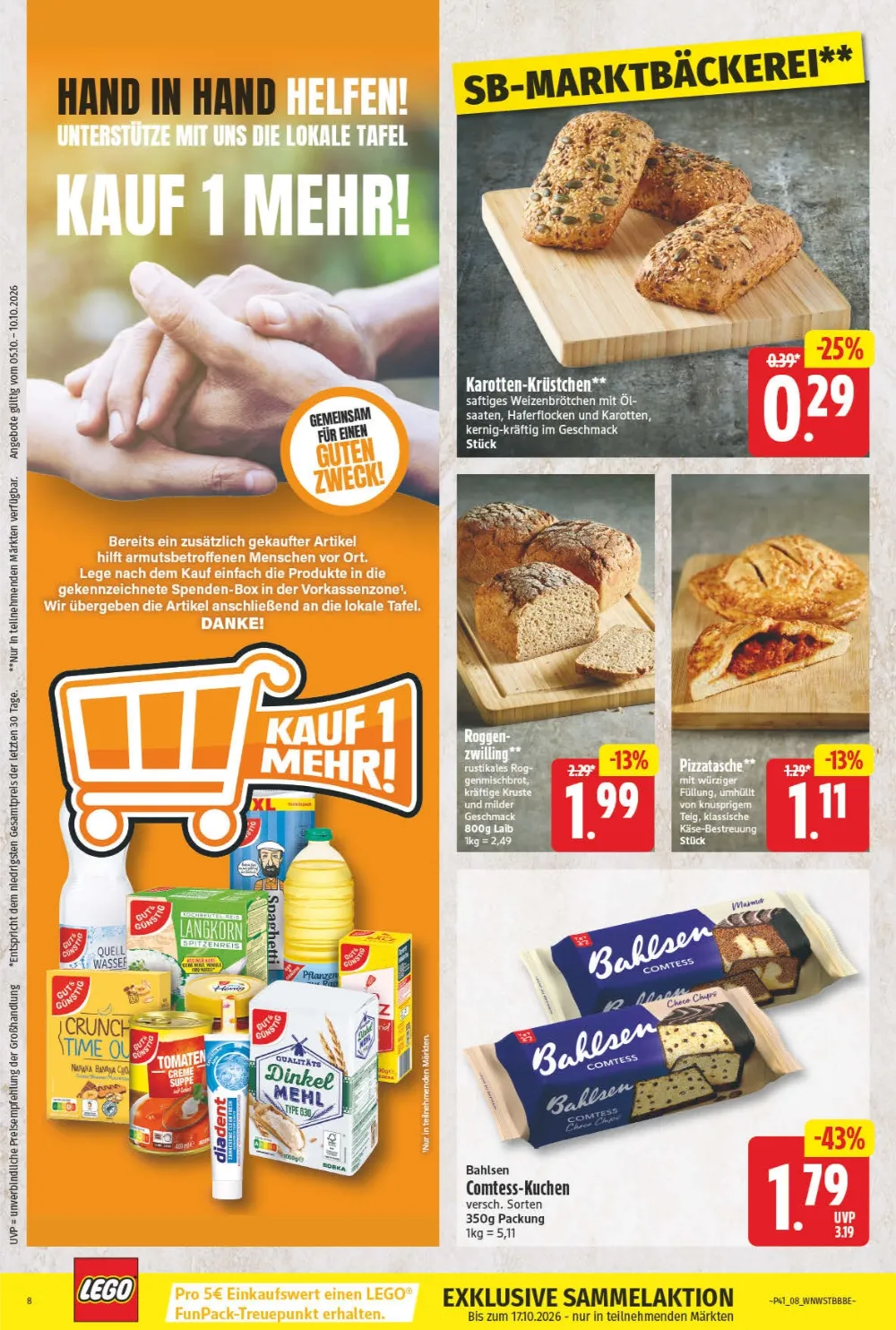 NP Prospekt KW41 Seite 8 mit Karotten-Krüstchen, Roggenzwilling, Pizzatasche und Bahlsen Comtess-Kuchen.