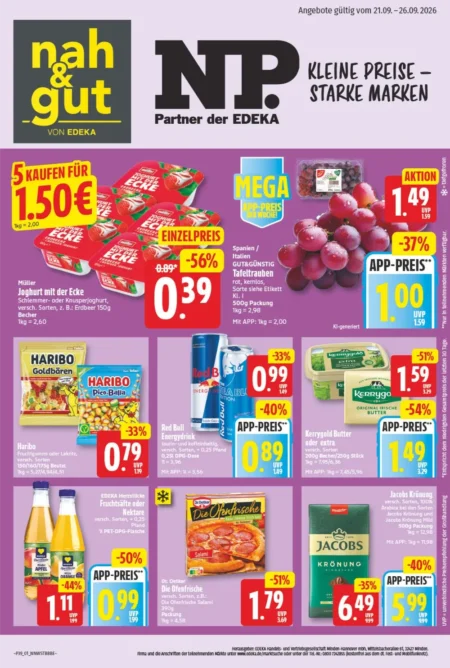 NP Prospekt ab 21.09.2026 (KW 39) Nah&Gut NP Prospekt ab 21.09.2026 Seite 1 mit Müller Joghurt, Tafeltrauben, Haribo, Red Bull, Kerrygold und Jacobs Krönung.