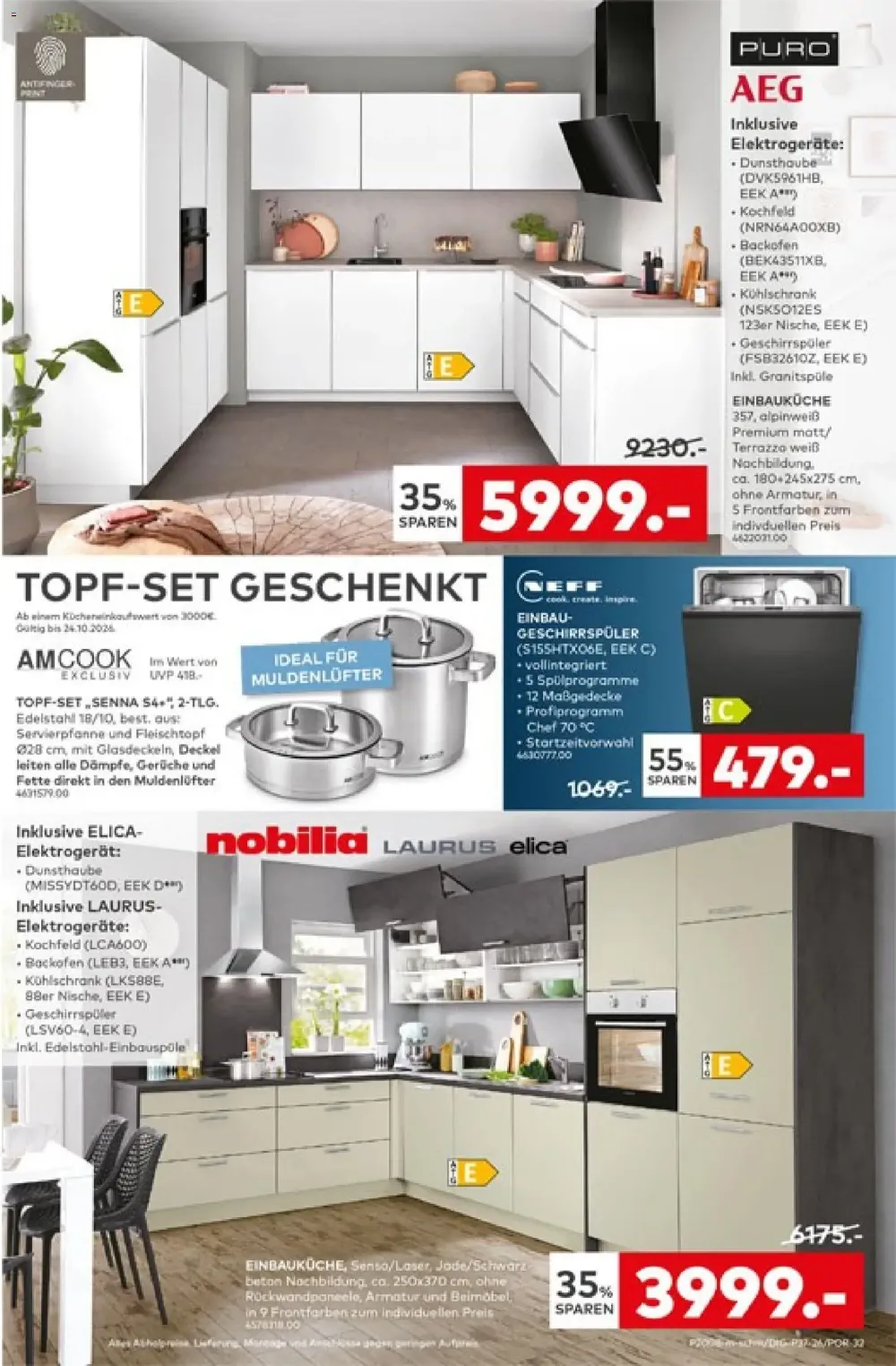Porta Angebote KW 42 Seite 3 mit angeboten für Puro AEG Einbauküche, AMCook Topf-Set, Neff Geschirrspüler & Nobilia Einbauküche