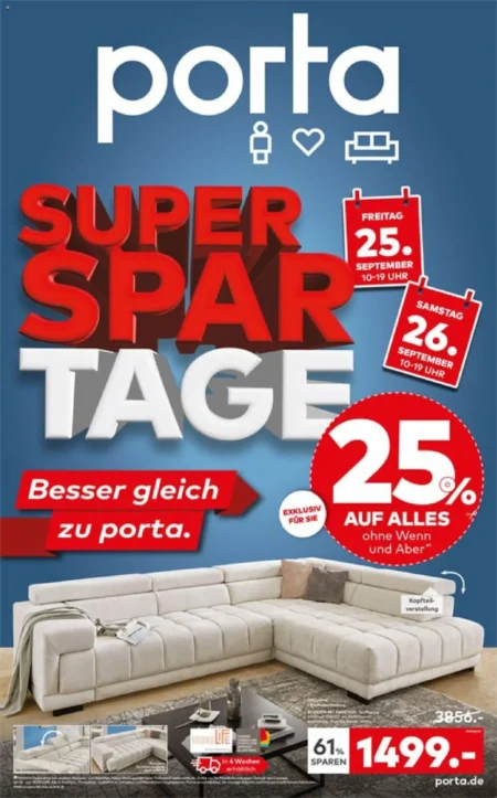 Porta Prospekt ab 25.09.2026 (KW 39) Porta Angebote ab 25.09.2026 Seite 1 mit Angeboten für Ecksofa mit Funktion, Couchtisch und Rabatte auf Möbel.
