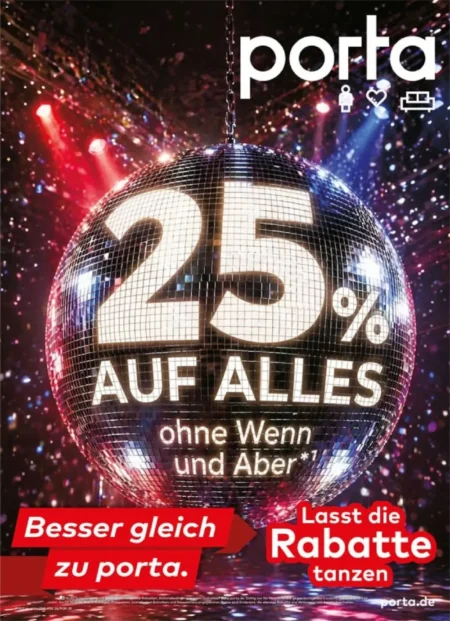 Porta Prospekt ab 27.09.2026 (KW 40) Porta Angebote ab 27.09.2026 Seite 1 mit Angeboten für 25% Rabatt auf alles ohne Wenn und Aber.