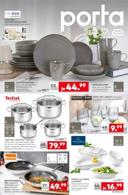 Porta Prospekt ab 05.10.2026 (KW 41–42) Küchen Porta Prospekt ab 05.10.2026 Seite 1 mit Geschirr-Set, Tefal Topf-Set, Party-Set, Bratpfannen-Set & Porzellanserie