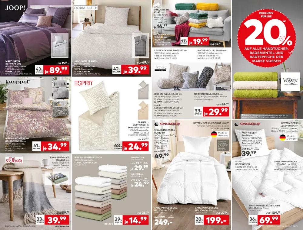Porta Prospekt KW 41–42 Seite 4 mit Mako-Satin-Bettwäsche, Biber-Bettwäsche, Fransendecke, Kopfkissen & Ganzjahresdecke