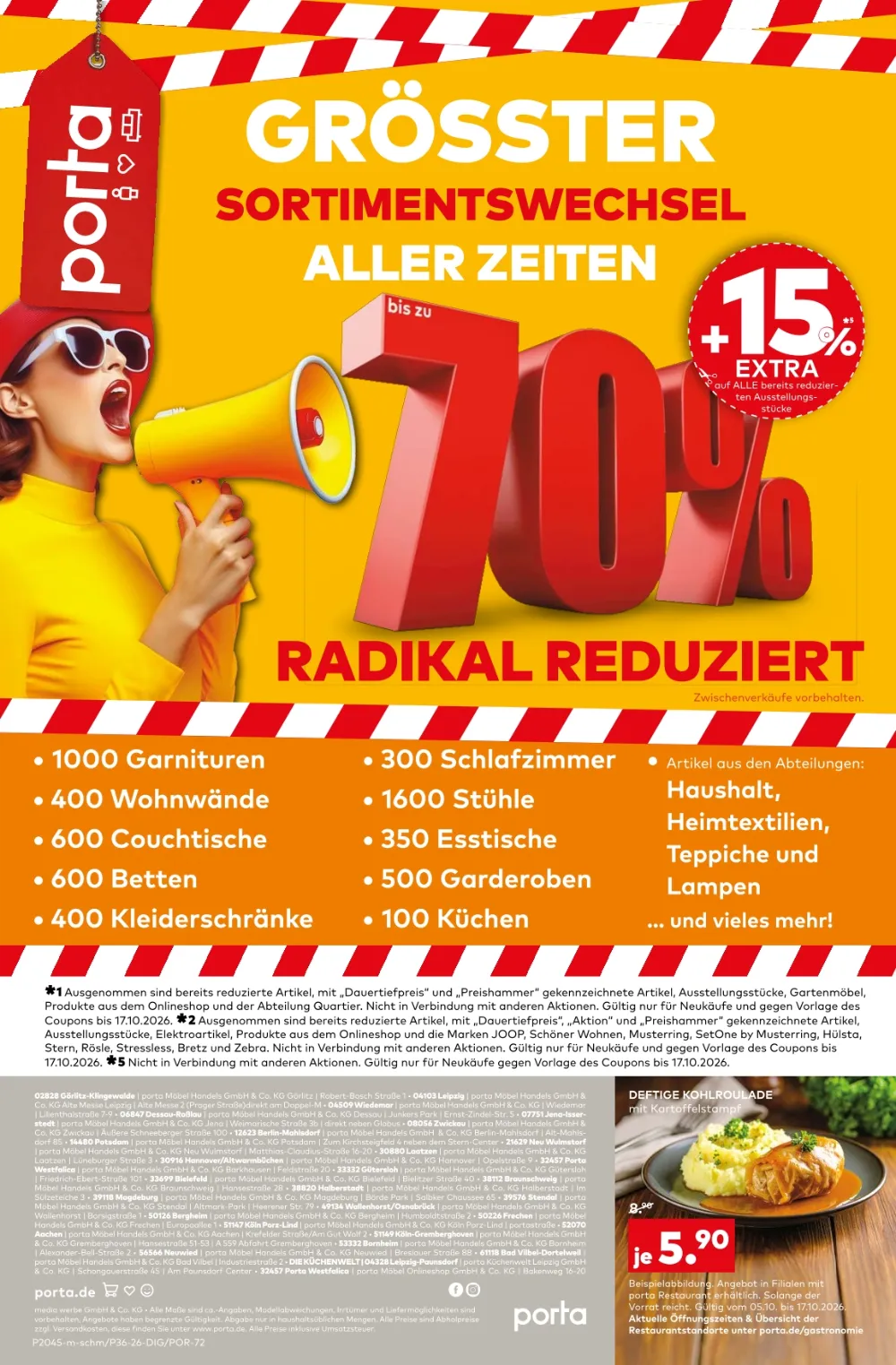 Porta Prospekt 05.10.2026 Seite 9 mit Sortimentswechsel Rabatten auf Garnituren, Stühle, Tische & Kohlroulade   