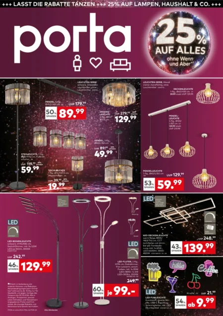 Porta Prospekt ab 24.09.2026 (KW 39–40) Porta Prospekt ab 24.09.2026 Seite 1 mit Pendelleuchte, Stehleuchte, Tischleuchte, Deckenleuchte und LED-Fluter.