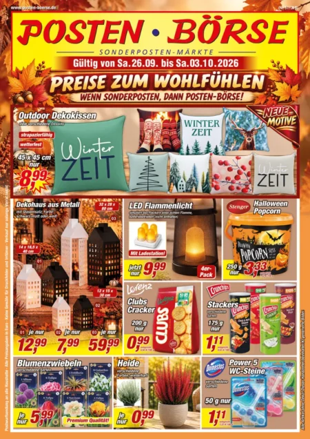 Posten Börse Prospekt ab 26.09.2026 (KW 40) Posten-Börse Prospekt ab 26.09.2026 Seite 1 mit Dekokissen, Dekohaus, LED Flammenlicht, Popcorn, Crackern und Heide.