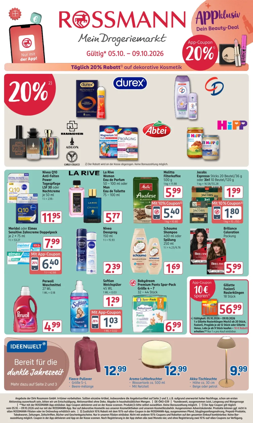 Rossmann Prospekt ab 05.10.2026 Seite 1 mit Nivea Q10, Melitta Auslese, Perwoll, Softlan, Babydream & Gillette Fusion5
