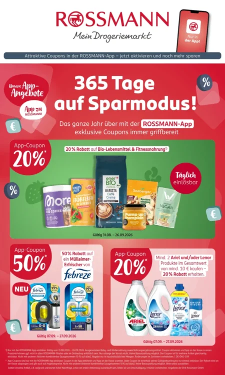 Rossmann Prospekt ab 21.09.2026 (KW 39) Rossmann Prospekt ab 21.09.2026 Seite 1 mit Enerbio, More, Seeberger, Febreze, Ariel & Lenor