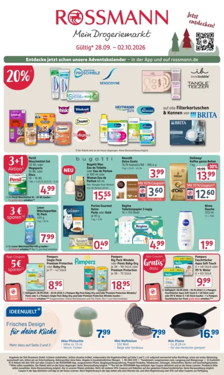 Rossmann Prospekt ab 28.09.2026 (KW 40) Rossmann Prospekt ab 28.09.2026 Seite 1 mit Sensodyne, Persil, bugatti Parfum, Dallmayr Kaffee, Pampers und Wok-Pfanne.
