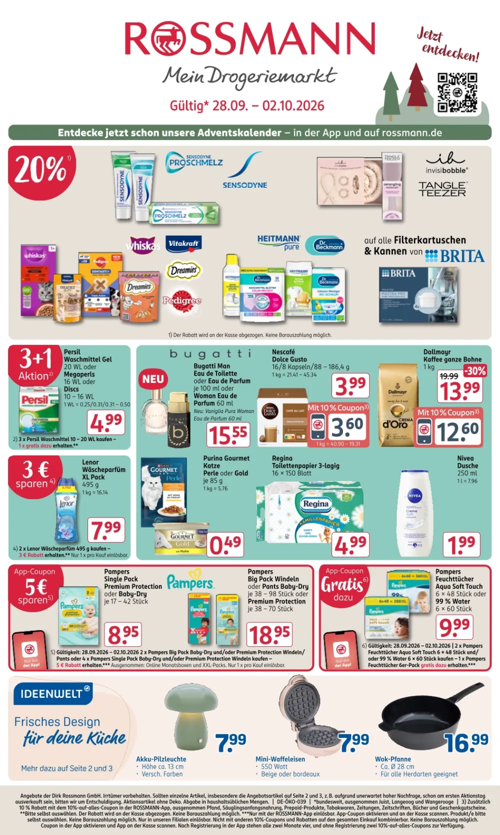 Rossmann Prospekt ab 28.09.2026 Seite 1 mit Sensodyne, Persil, bugatti Parfum, Dallmayr Kaffee, Pampers und Wok-Pfanne.