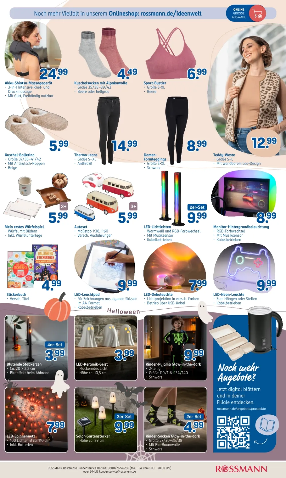 Rossmann Prospekt KW40 Seite 3 mit Massagegerät, Thermo-Jeans, Teddy-Weste, LED-Lichtleiste, Halloween-Deko und Pyjama.