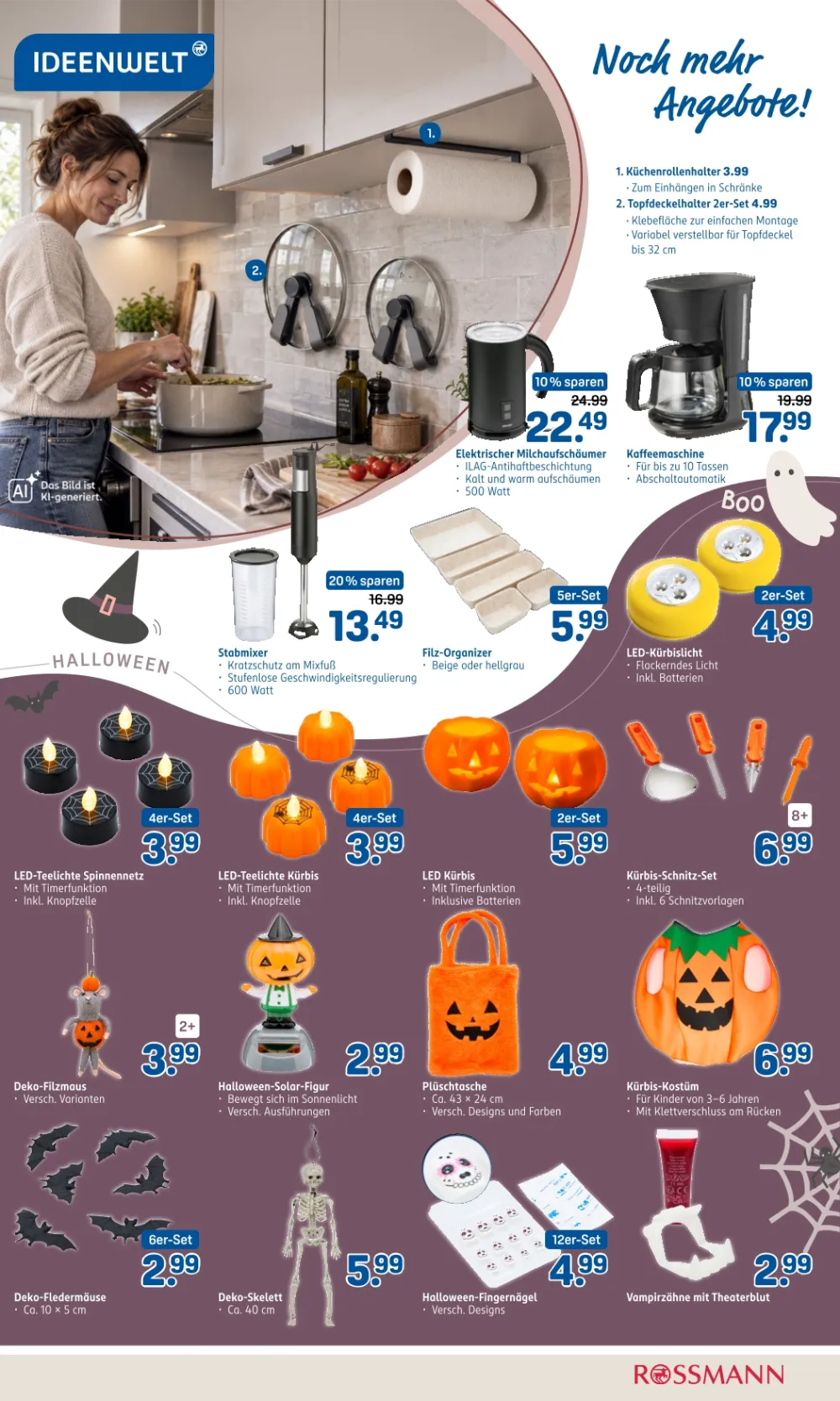 Rossmann Prospekt KW40 Seite 4 mit Kaffeemaschine, Stabmixer, Filz-Organizer, Kürbis-Schnitz-Set und Halloween-Deko.