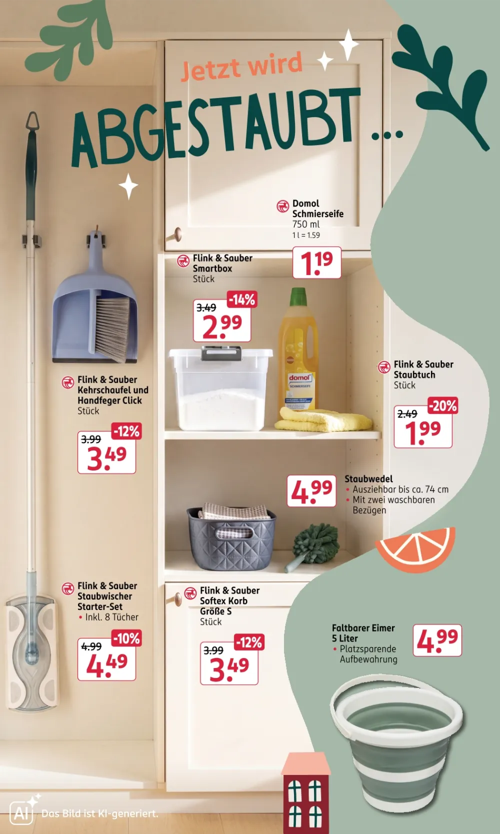 Rossmann Prospekt KW40 Seite 5 mit Domol Schmierseife, Flink & Sauber Kehrset, Staubwischer, Aufbewahrungskorb und Eimer.