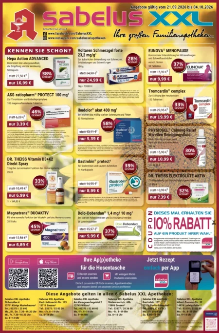 Sabelus XXL Prospekt ab 21.09.2026 (KW 39 – KW 40) Sabelus XXL Apotheke Prospekt ab 21.09.2026 Seite 1 mit Hepa Action, Voltaren, Eunova, Ibudolor und Tromcardin.