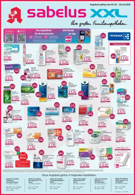 Sabelus XXL Prospekt ab 05.10.2026 (KW 41– KW 42) Sabelus XXL Apotheke Prospekt ab 05.10.2026 Seite 1 mit Elmex, Meridol, Prospan, Wick, Neurexan & Nurofen