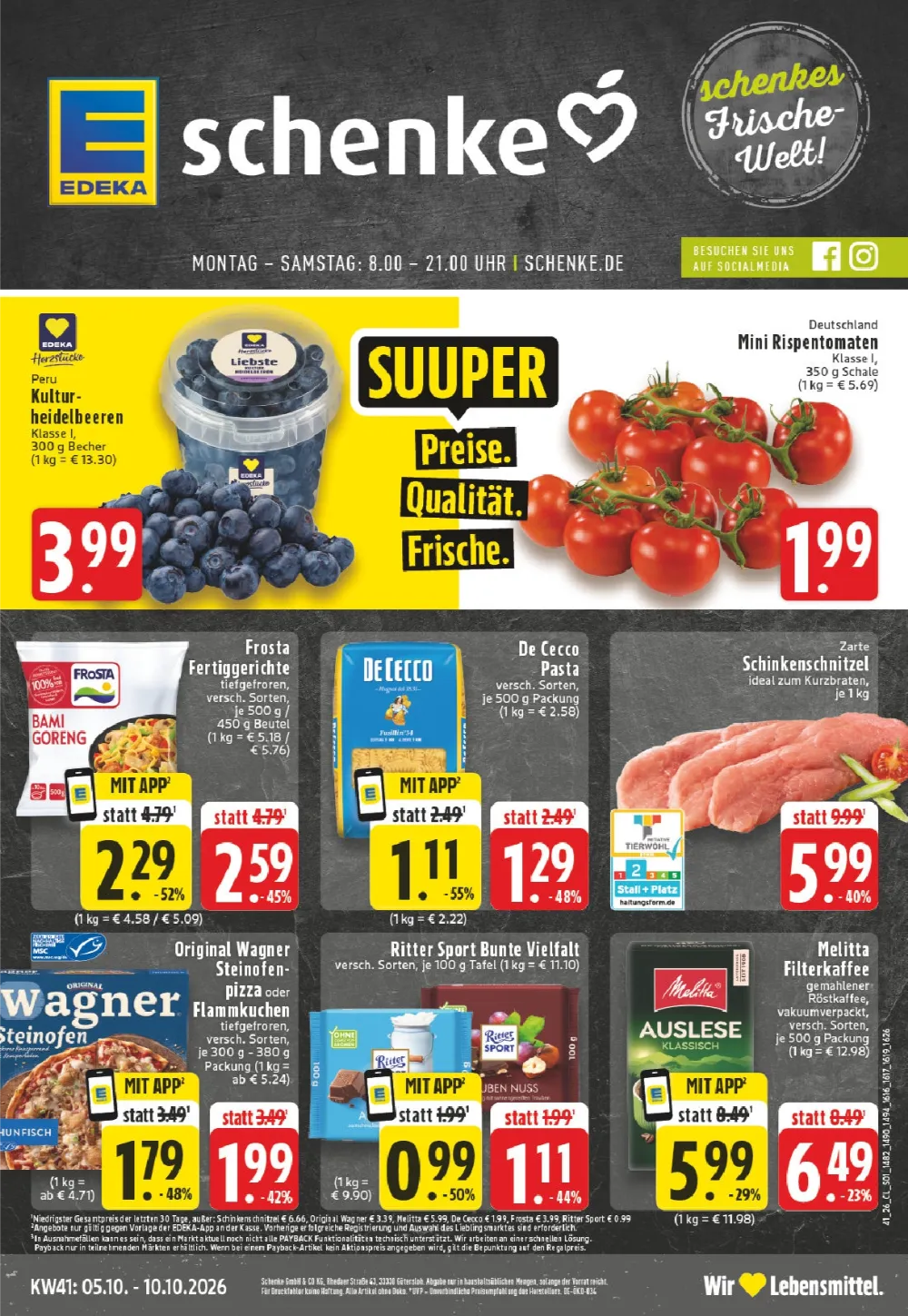 Schenke Prospekt ab 05.10.2026 Seite 1 mit Kultur-Heidelbeeren, Mini Rispentomaten, Frosta, De Cecco Pasta und Melitta Kaffee