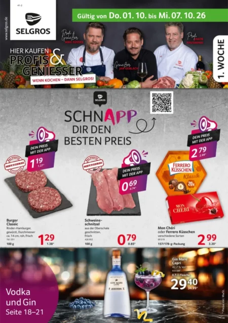 Selgros Angebote im Prospekt ab 01.10.2026 (KW 40) Selgros Angebote ab 01.10.2026 Seite 1 mit Angeboten für Burger Classic, Schweineschnitzel, Mon Chéri und Gin Mare Capri.