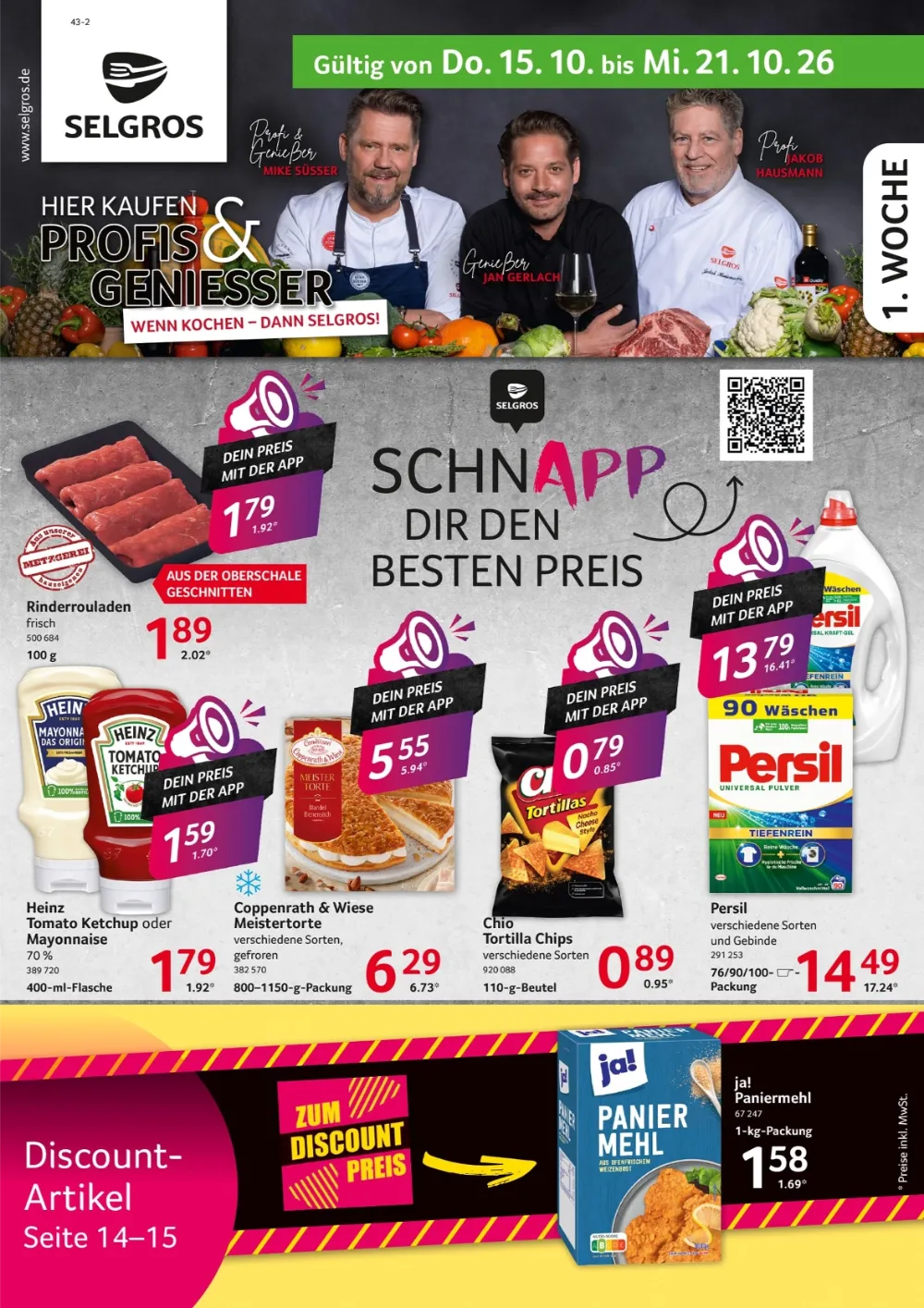Selgros Angebote ab 15.10.2026 Seite 1 mit angeboten für Rinderrouladen, Heinz Ketchup, Meistertorte & Persil