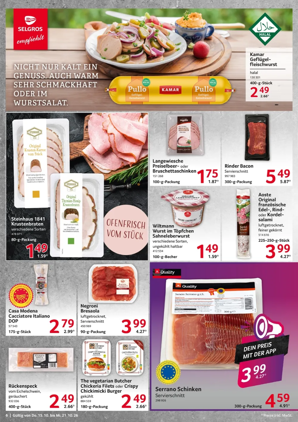 Selgros Angebote KW 42 Seite 6 mit angeboten für Geflügelfleischwurst, Krustenbraten, Rinder Bacon, Salami & Serrano Schinken
