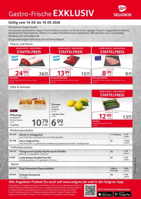 Selgros Gastro Prospekt ab 14.09.2026 (KW 38) Selgros Gastro Prospekt ab 14.09.2026 Seite 1 mit Entrecôte, Rindersteakhüfte, Putenbrustfilet, Pfifferlingen und Zitronen