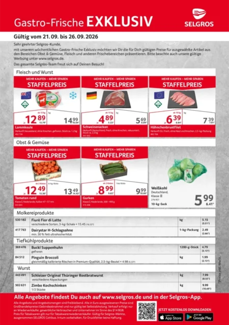 Selgros Gastro Prospekt ab 21.09.2026 (KW 39) Selgros Gastro Prospekt ab 21.09.2026 Seite 1 mit Lammkeule, Schweinenacken, Hähnchenbrustfilet, Tomaten und Gurken.