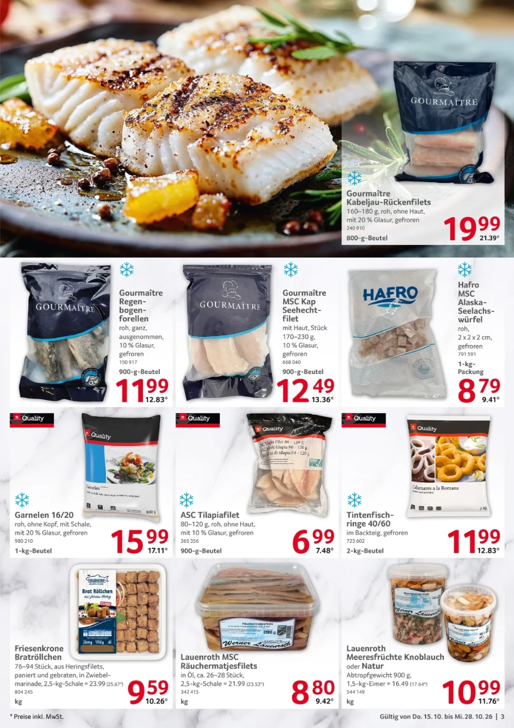Selgros Gastronomie Prospekt KW 42 Seite 3 mit Kabeljau-Rückenfilets, Regenbogenforellen, Seehechtfilets & Garnelen