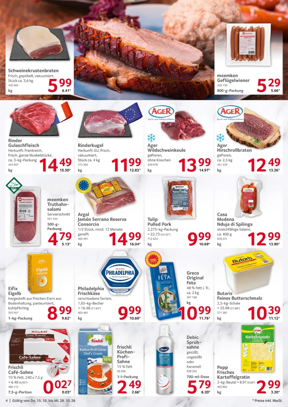 Selgros Gastronomie Prospekt KW 42 Seite 4 mit Schweinekrustenbraten, Rindergulasch, Serrano Schinken & Feta