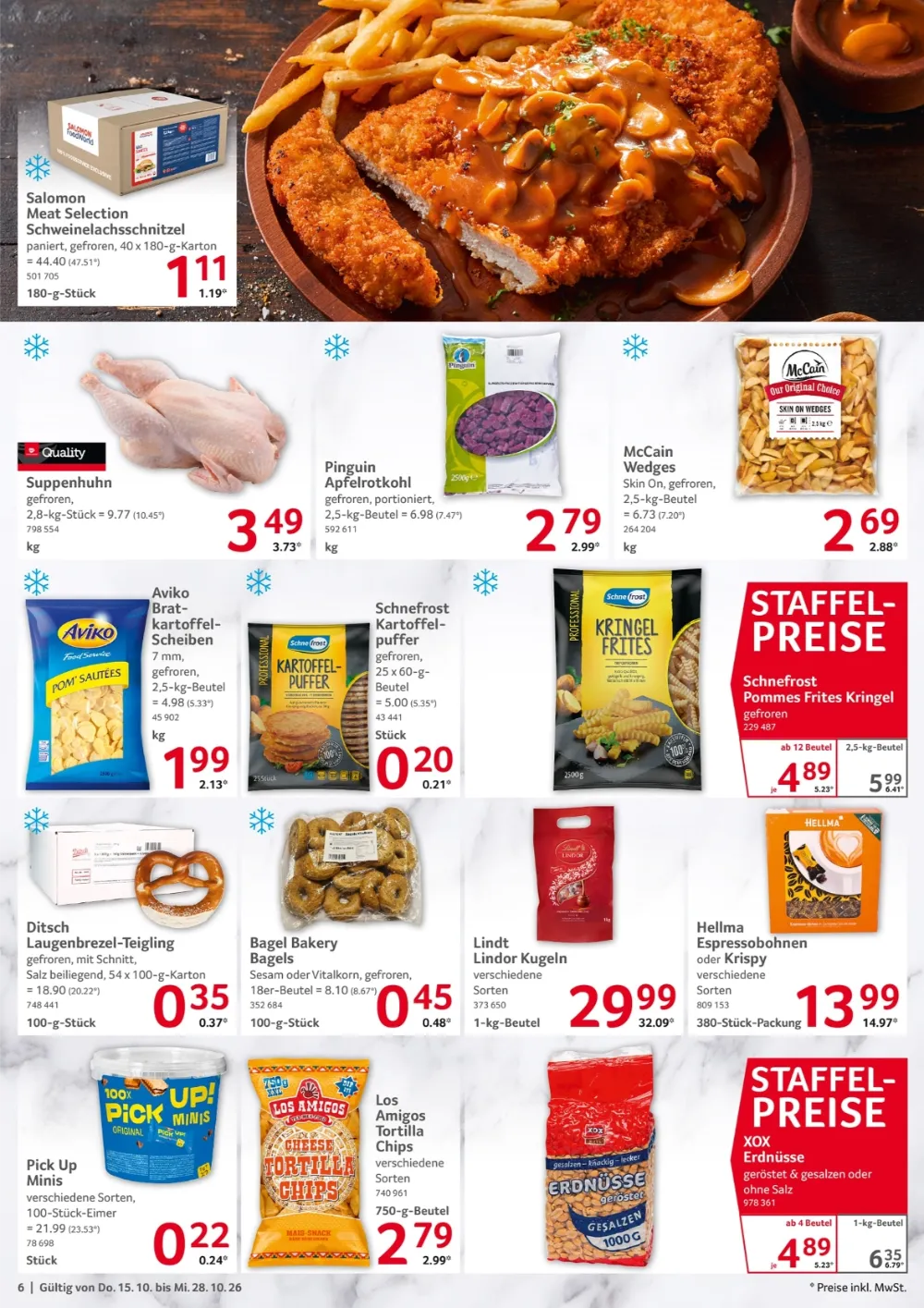 Selgros Gastronomie Prospekt KW 42 Seite 6 mit Schweinelachsschnitzel, Suppenhuhn, McCain Wedges & Laugenbrezeln   