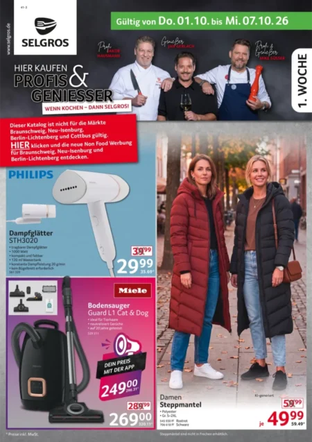 Selgros Prospekt ab 01.10.2026 (KW 40) Nonfood Selgros Nonfood Prospekt ab 01.10.2026 Seite 1 mit Philips Dampfglätter, Miele Staubsauger und Damen-Steppmantel.