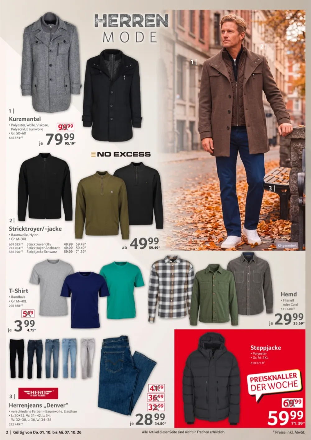Selgros Nonfood Prospekt KW 40 Seite 2 mit Kurzmantel, Stricktroyer, T-Shirts, Herrenjeans und Steppjacke.