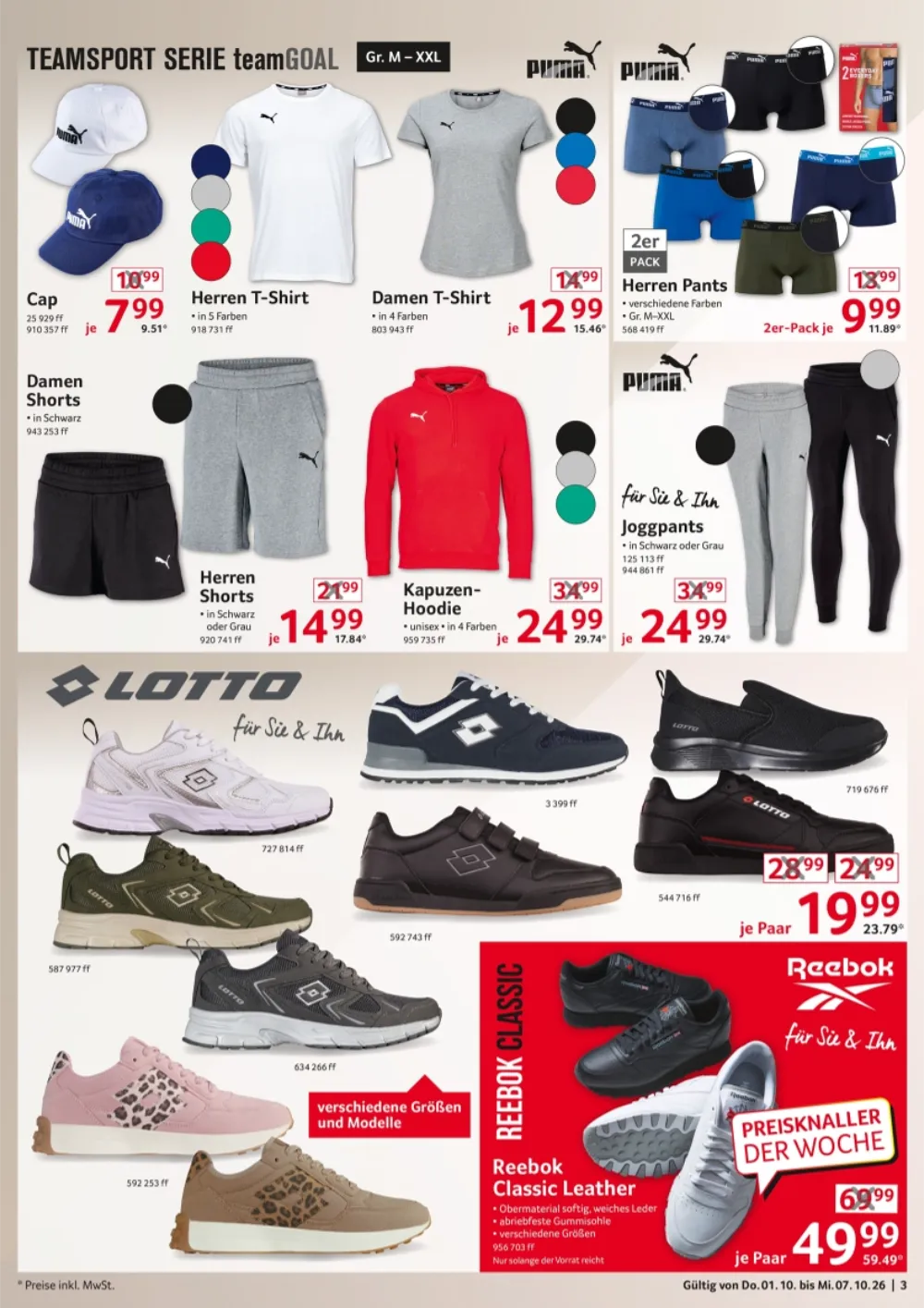 Selgros Nonfood Prospekt KW 40 Seite 3 mit Puma T-Shirts, Hoodies, Joggpants, Lotto Sneakern und Reebok Schuhen.