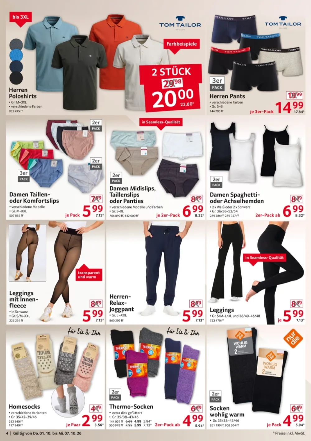 Selgros Nonfood Prospekt KW 40 Seite 4 mit Tom Tailor Poloshirts, Unterwäsche, Leggings und Thermo-Socken.