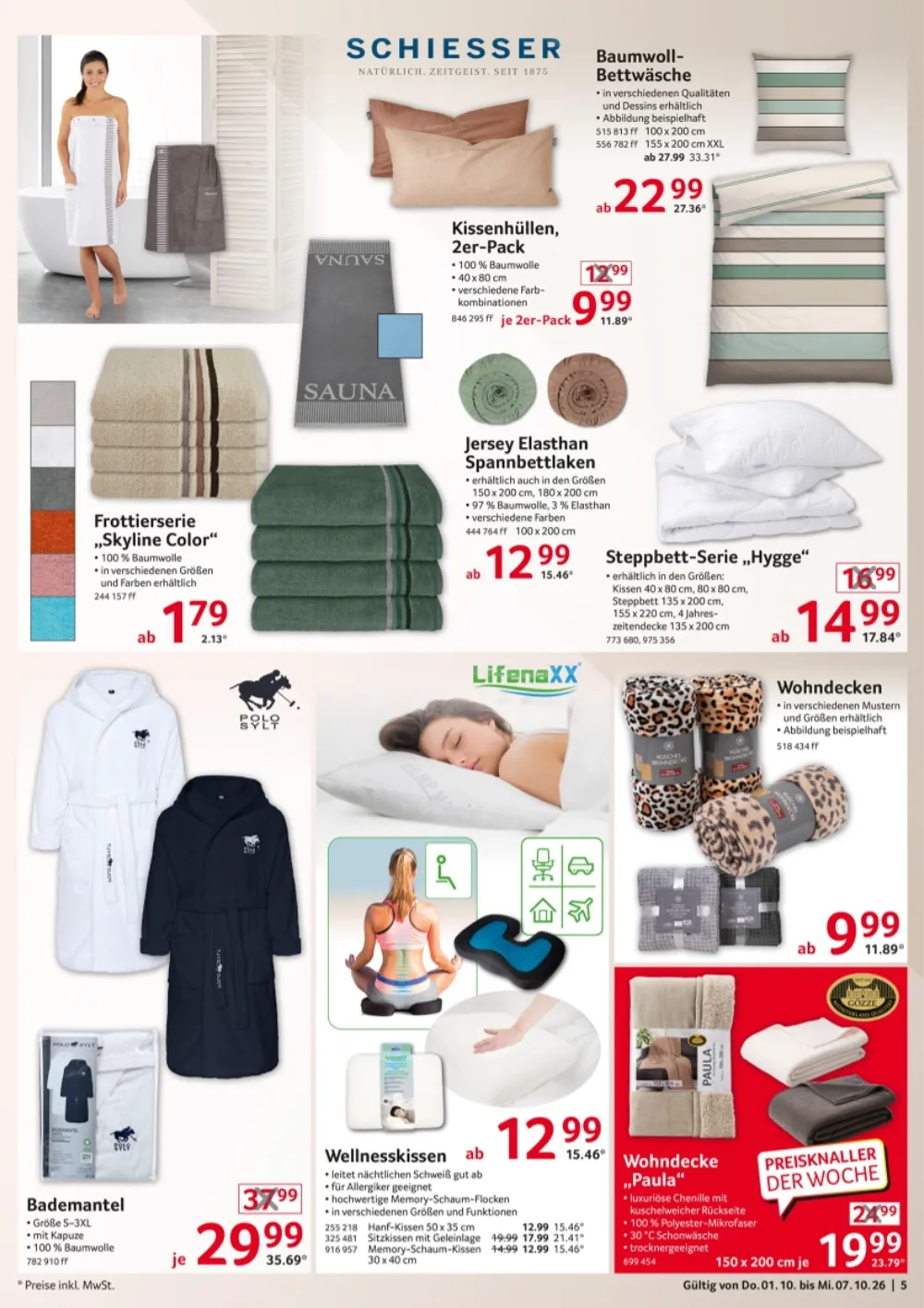 Selgros Nonfood Prospekt KW 40 Seite 5 mit Schiesser Bettwäsche, Kissenhüllen, Frottierhandtüchern und Bademantel.
