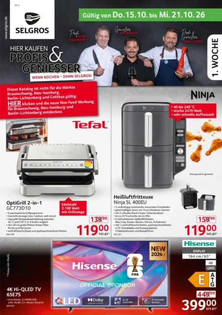 Selgros Prospekt ab 15.10.2026 (KW 42) Nonfood Selgros Nonfood Prospekt ab 15.10.2026 Seite 1 mit Tefal OptiGrill, Ninja Heißluftfritteuse & Hisense 4K QLED TV