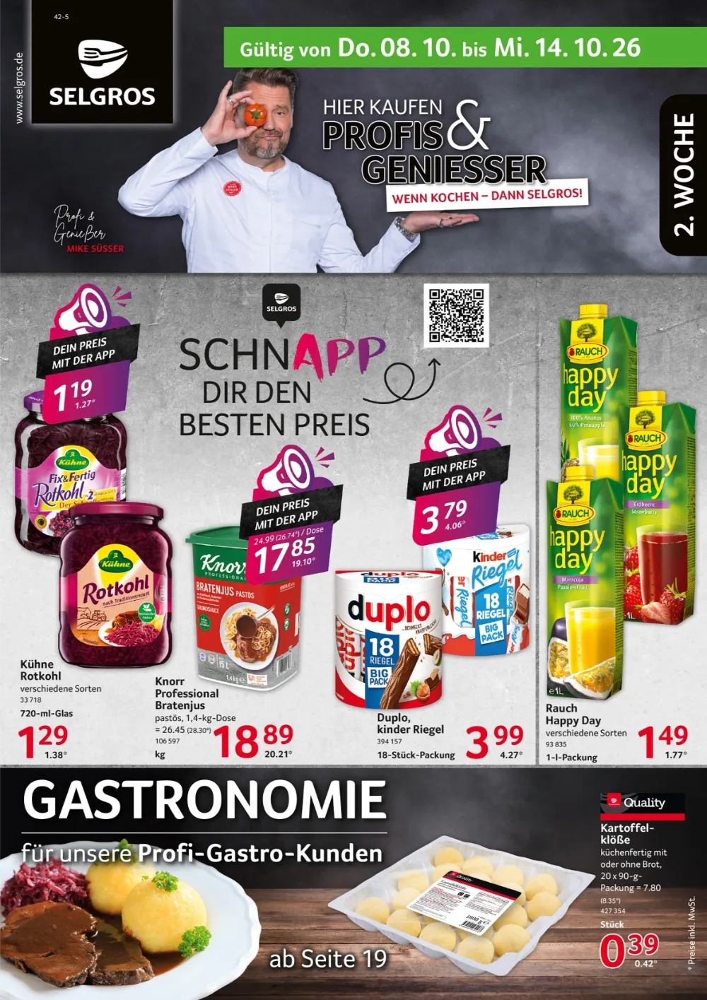 Selgros Prospekt ab 08.10.2026 Seite 1 mit Kühne Rotkohl, Knorr Bratenjus, Duplo, kinder Riegel & Rauch Happy Day